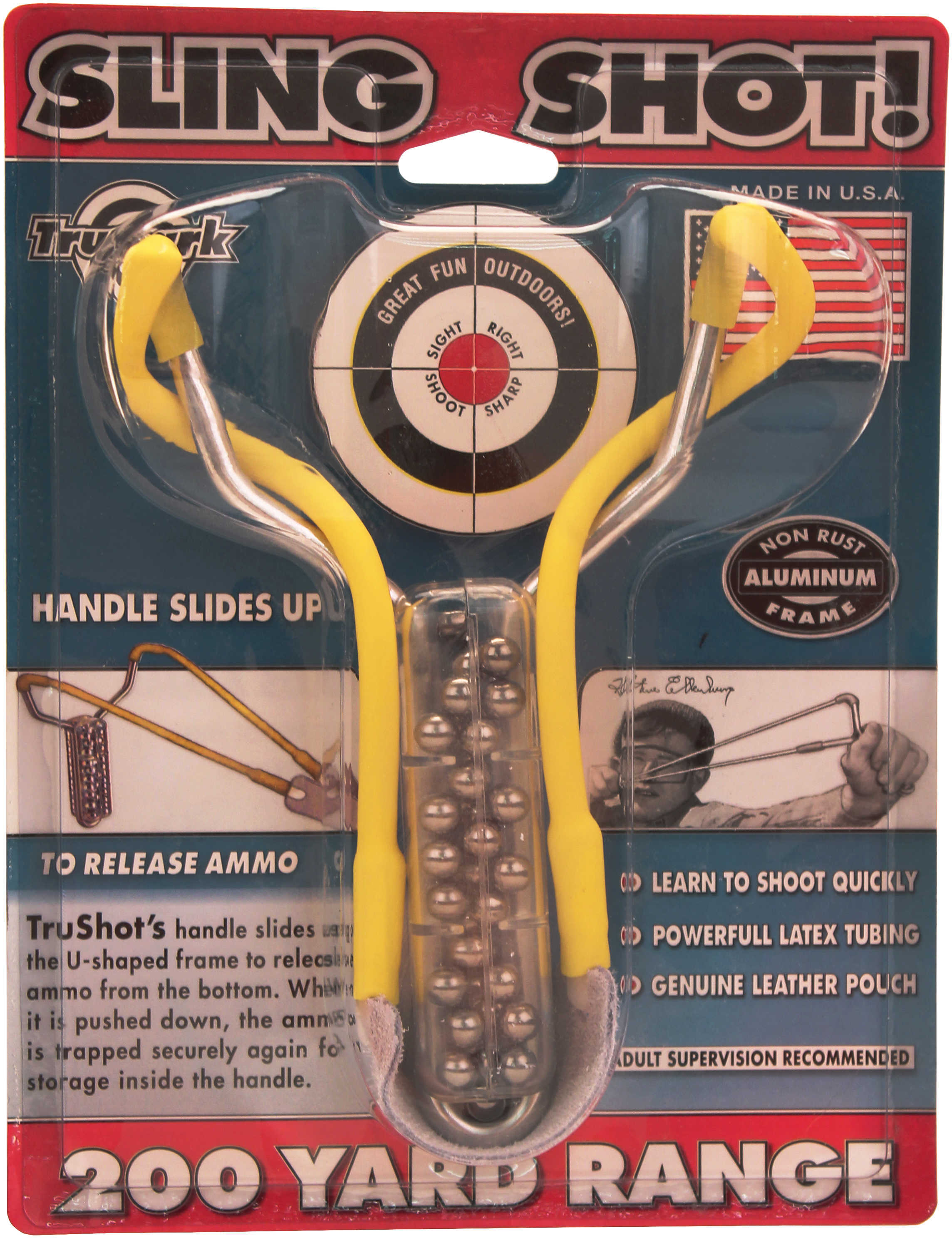 Trushot Slingshot Plastic Handle slides Up & Down The U-Shaped Aluminum Frame releasIng Ammo - Fits In Back Pocket