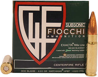 300 AAC Blackout 220 Grain Jacketed Hollow Point 25 Rounds Fiocchi Ammunition