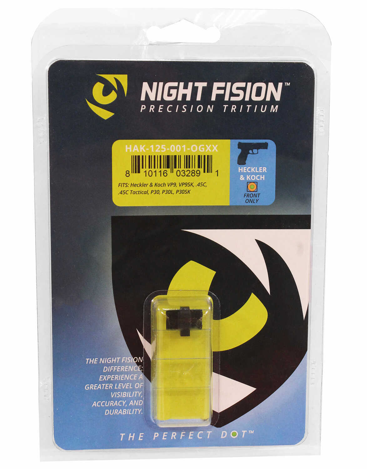 Night Fision Sight Front Square Top HK Vp9/Vp40/P30/P30Sk/P30L/45/45 Tactical Green Tritium W/Orange Outline