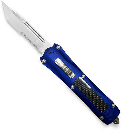 CobraTec Knives King 4" OTF Tanto Serrated D2 Steel Blade Blue Anodized Aluminum W/Black Carbon Fiber Inla