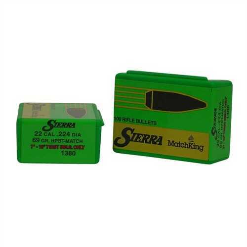 Sierra 22 Caliber .224 Diameter 69 Grain Hollow Point Boat Tail Matchking 100 Count