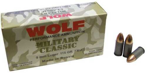 Wolf Miltary Classic Handgun Ammunition 9mm Luger 115 Gr FMJ 1150 Fps 50/Box