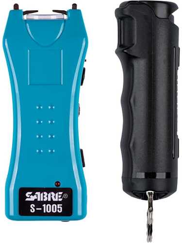 Sabre Stun Gun and Pepper Spray Package Turqouise Color w/ Built-in Flashlight Black Flip Top