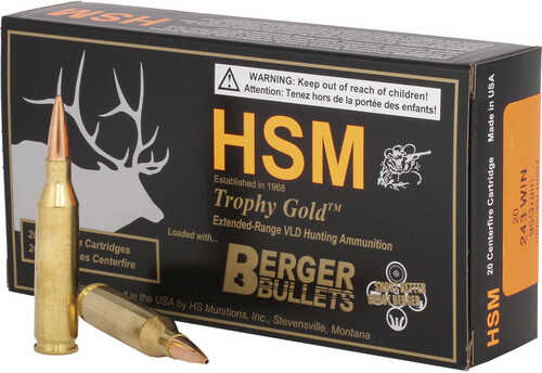 HSM Trophy Gold Rifle Ammunition 243 Win. Berger 95 gr. 20 rd. Model: BER-24395VLD