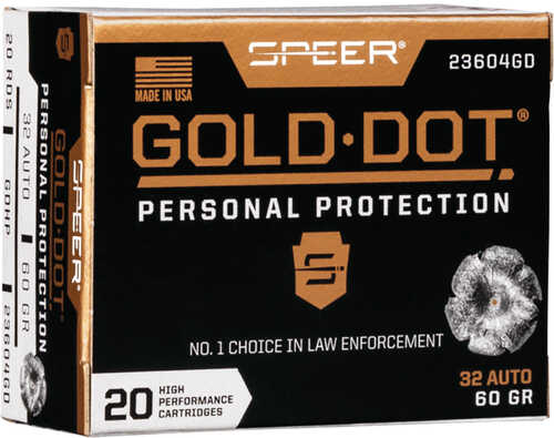 Speer Gold Dot Handgun Ammo 32 ACP 60 gr. HP 20 rd. Model: 23604GD