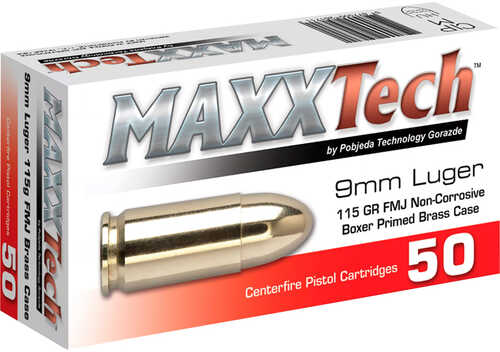 MAXXTech Pistol Ammo 9mm 115 gr. FMJ 50 rd. Model: PTGB9MMB