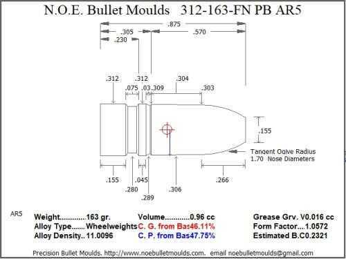 Bullet Mold 2 Cavity Aluminum .312 caliber Plain Base 163gr with Flat nose profile type. Designed for use in 30