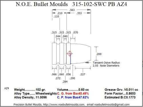 Bullet Mold 4 Cavity Aluminum .315 caliber Plain Base 102gr with Semiwadcutter profile type. Designed for use i