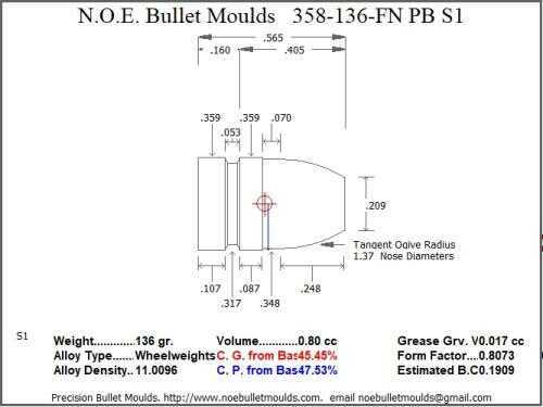 Bullet Mold 2 Cavity Brass .358 caliber Plain Base 136gr with a Flat nose profile type. heavier Round for