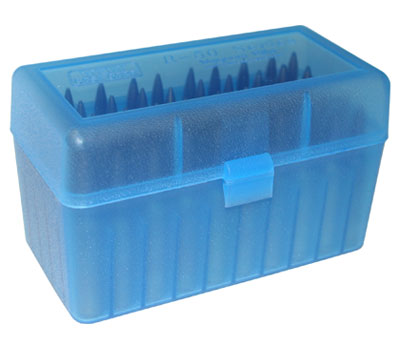 MTM Ammo Box 50 Round Flip-Top 223 270 WSSM 460 500 S&W Clear Blue RSLD-50-24