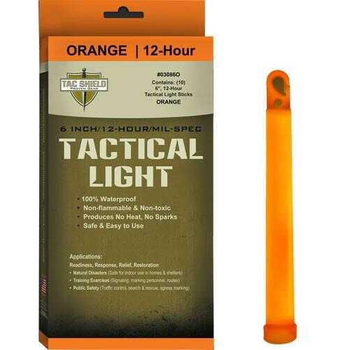 Tac Shield Tactical Light Stick 12 Hour 6" Orange, 10 Pack